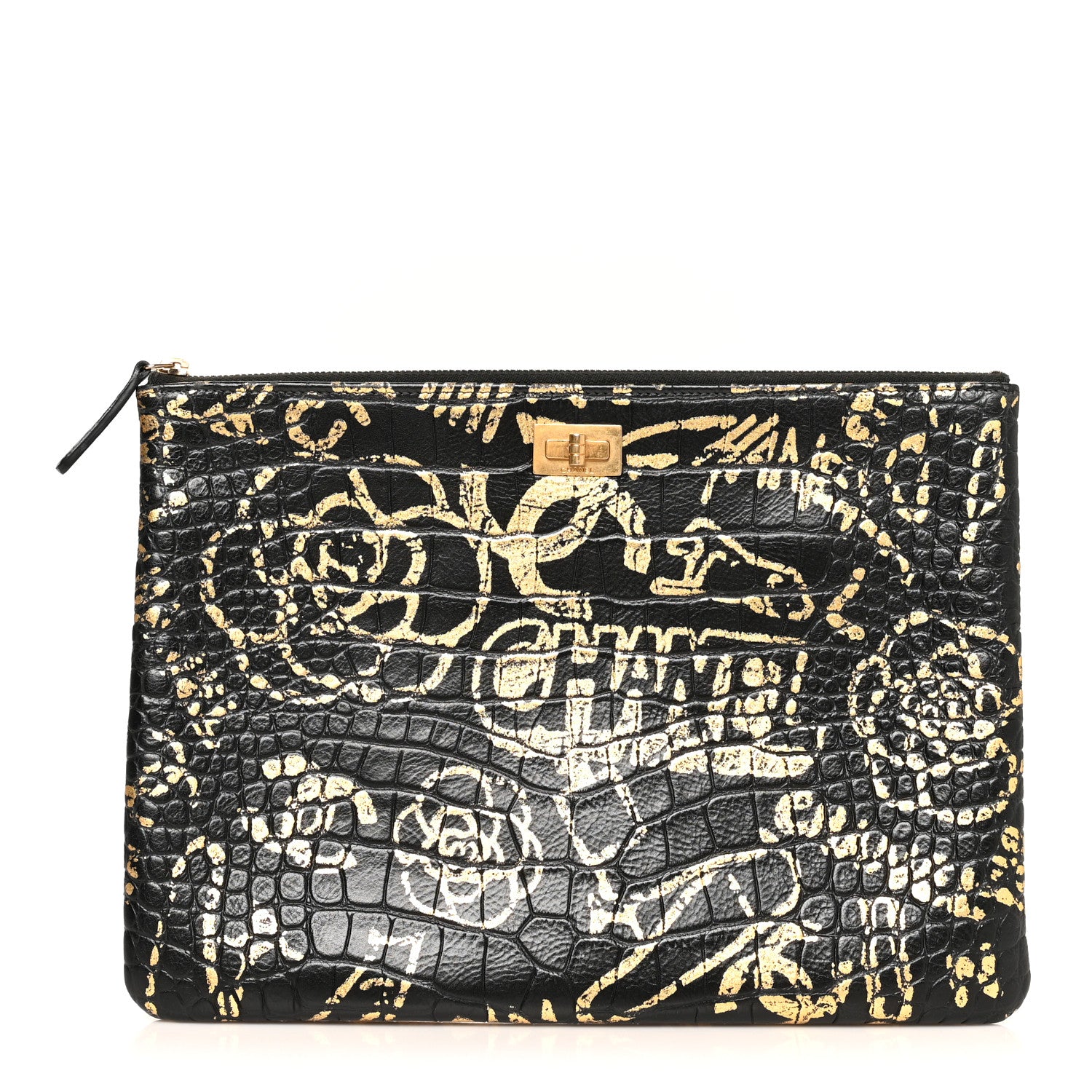 Chanel Calfskin Crocodile Embossed Graffiti 2.55 Medium Cocodile Reissue Cosmetic Case Black Gold 1 of 8