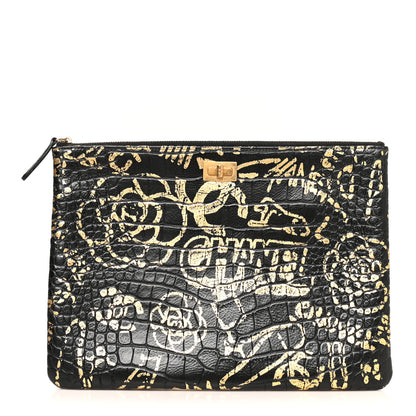 Chanel Calfskin Crocodile Embossed Graffiti 2.55 Medium Cocodile Reissue Cosmetic Case Black Gold 1 of 8