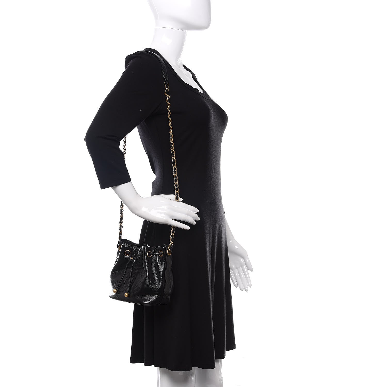 Chanel Shiny Aged Calfskin CC Chain Mini Drawstring Bag Black 2 of 13