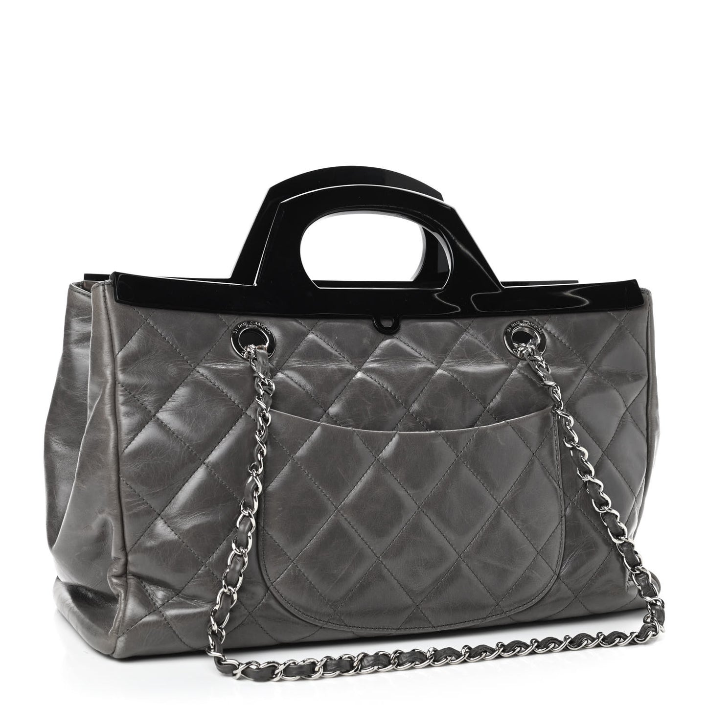 Glazed Calfskin Quilted Small CC Delivery Tote Grey
