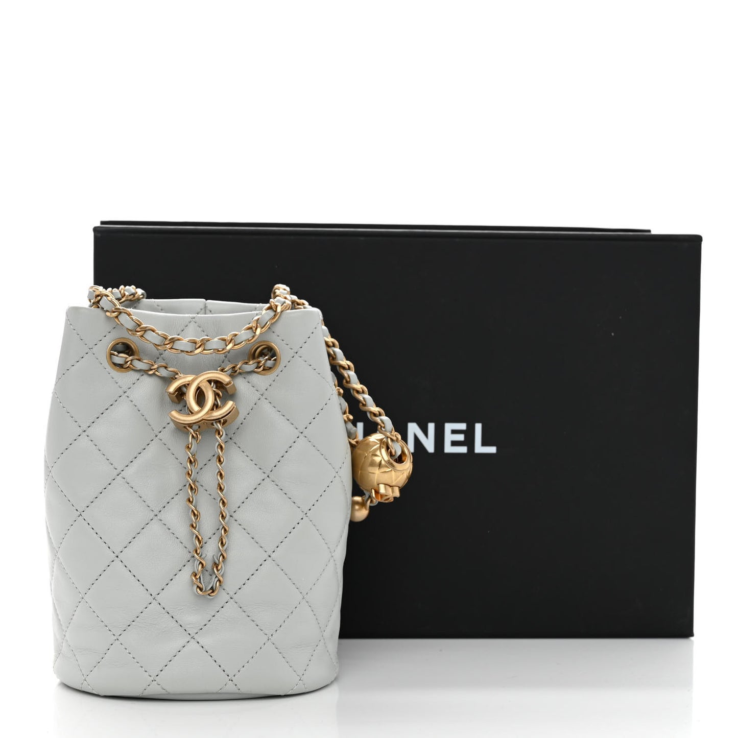 Lambskin Quilted Pearl Crush Drawstring Bag Light Grey