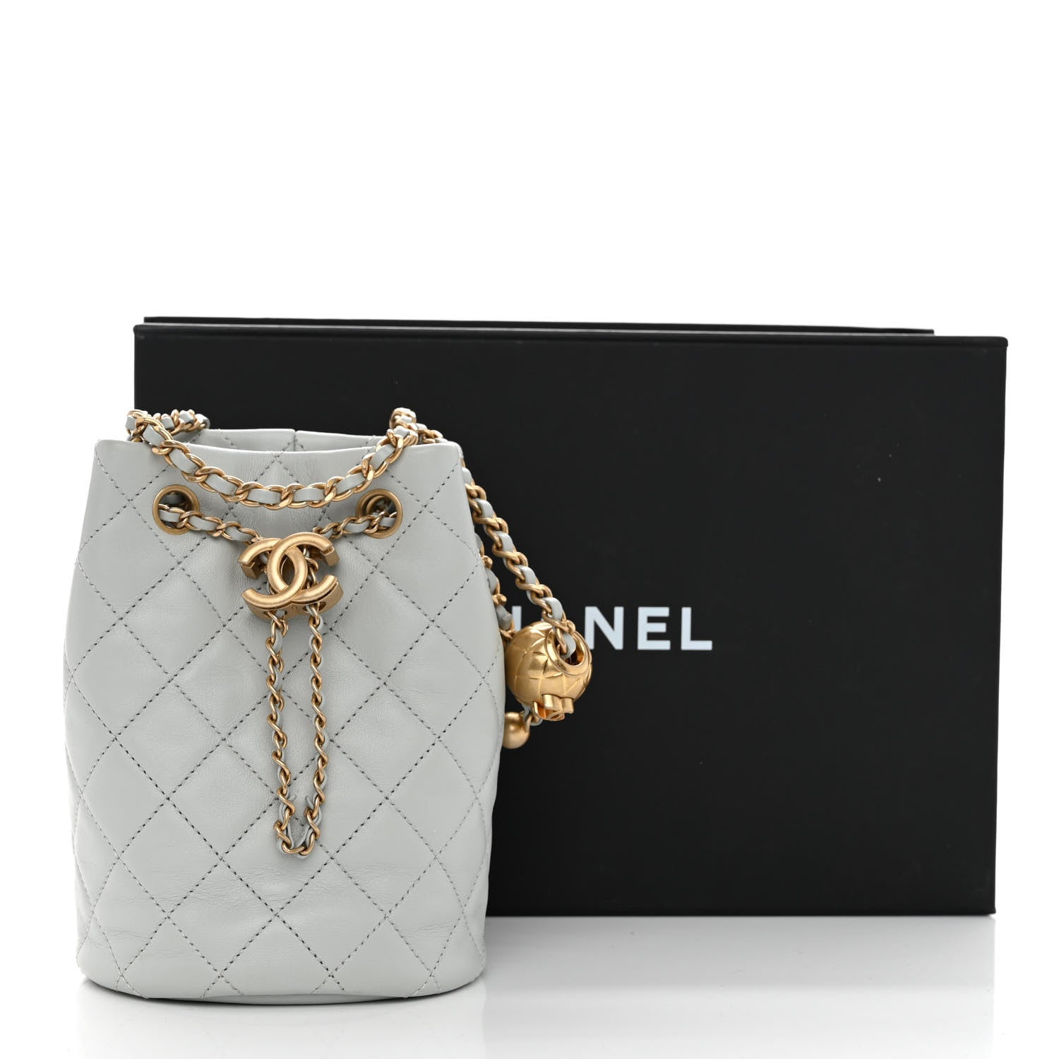 Chanel Lambskin Quilted Pearl Crush Drawstring Bag Light Grey 11 of 11