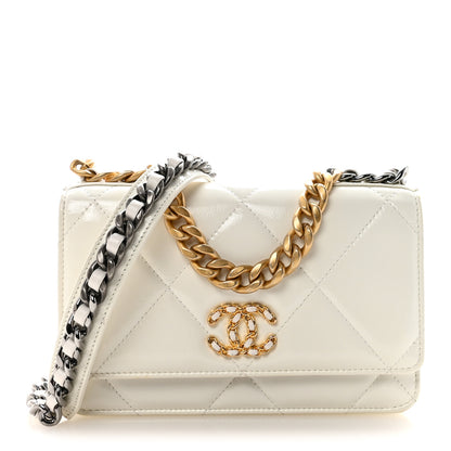 Chanel Shiny Crumpled Calfskin Quilted Chanel 19 Wallet On Chain WOC White 1 of 11