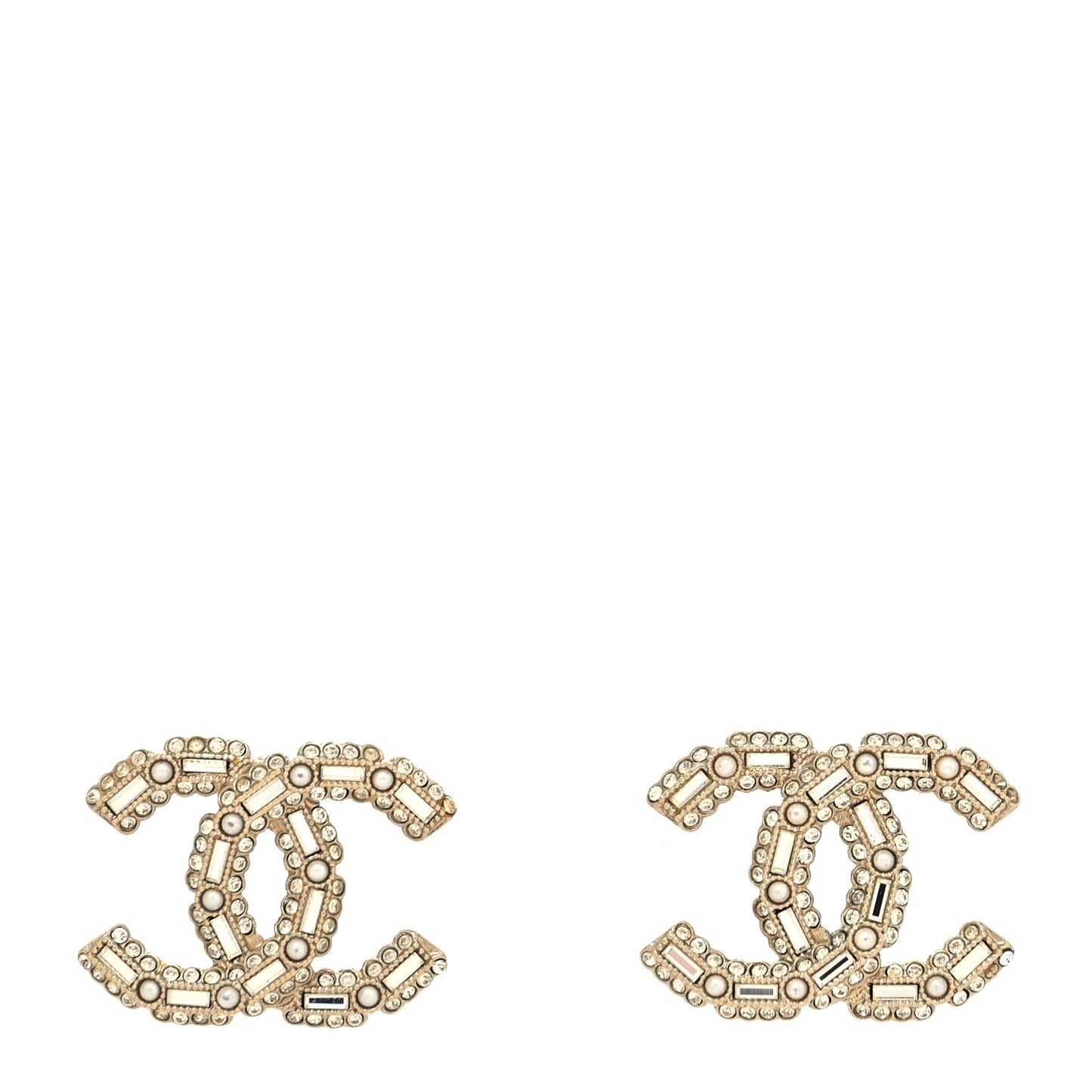 Crystal Baguette Pearl CC Earrings Gold Pearly White