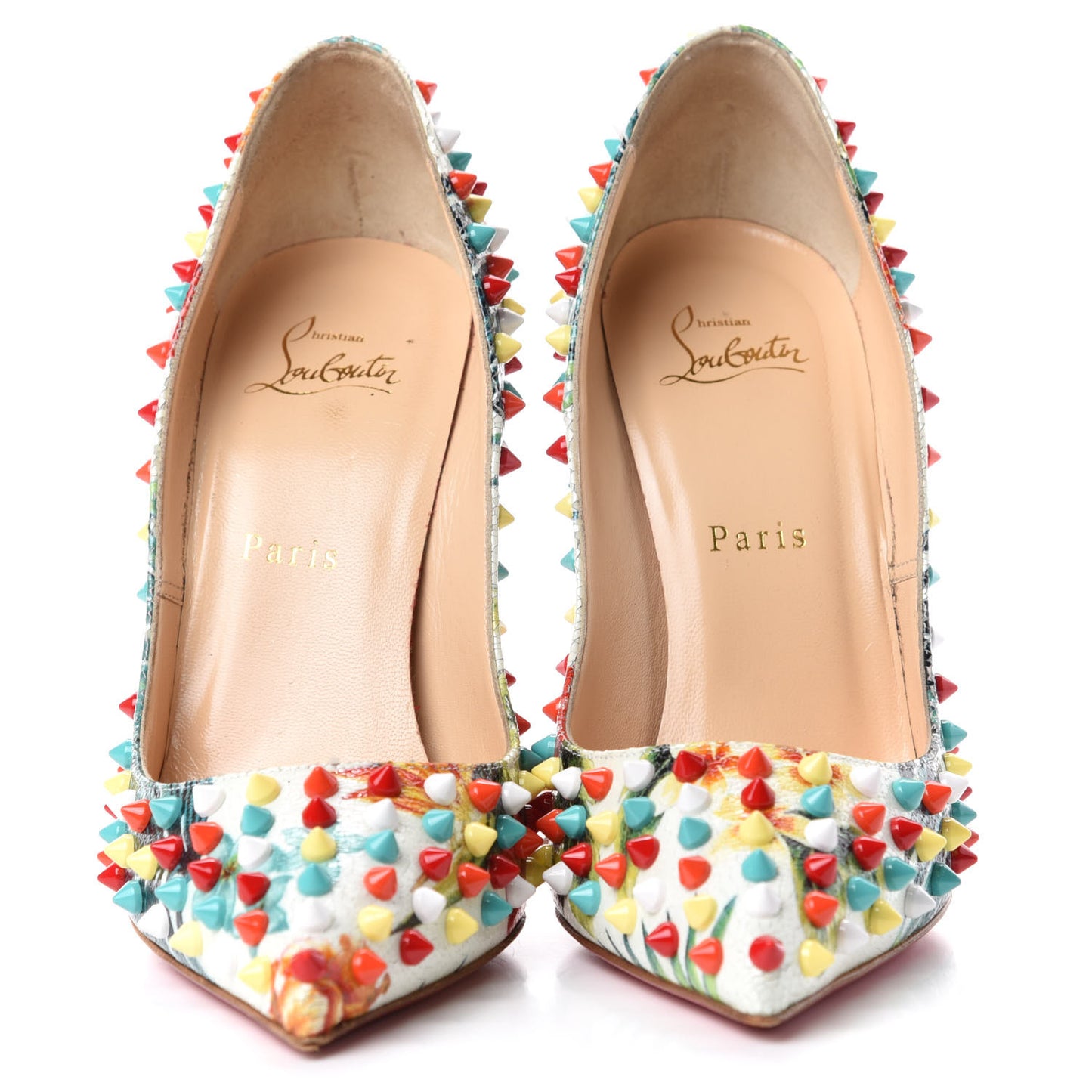 Crackled Calfskin Hawaiian Print Follies Spikes 120 Pumps 38.5 White Multi