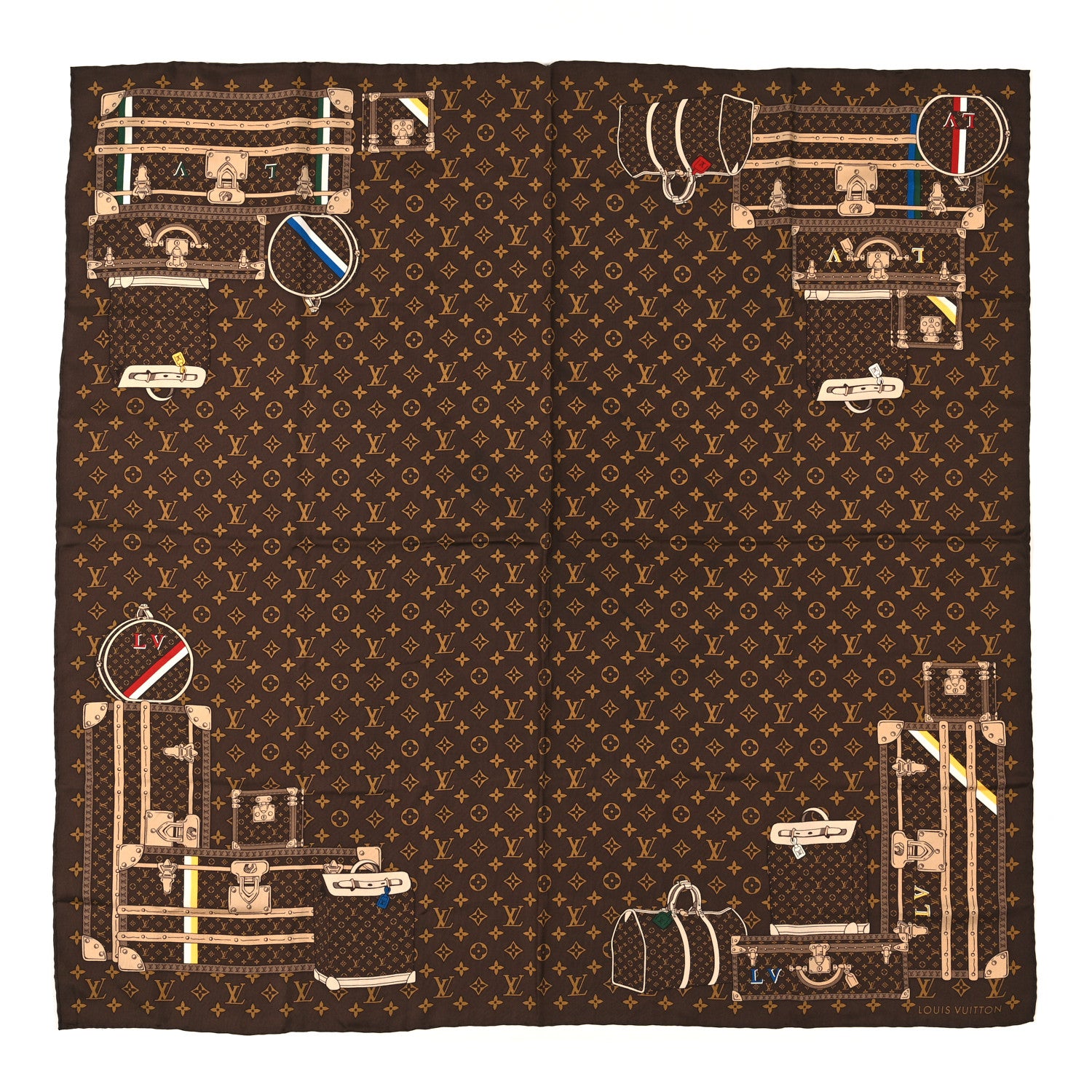 Louis Vuitton Silk Monogram Trunks Square Scarf Marroon 1 of 3