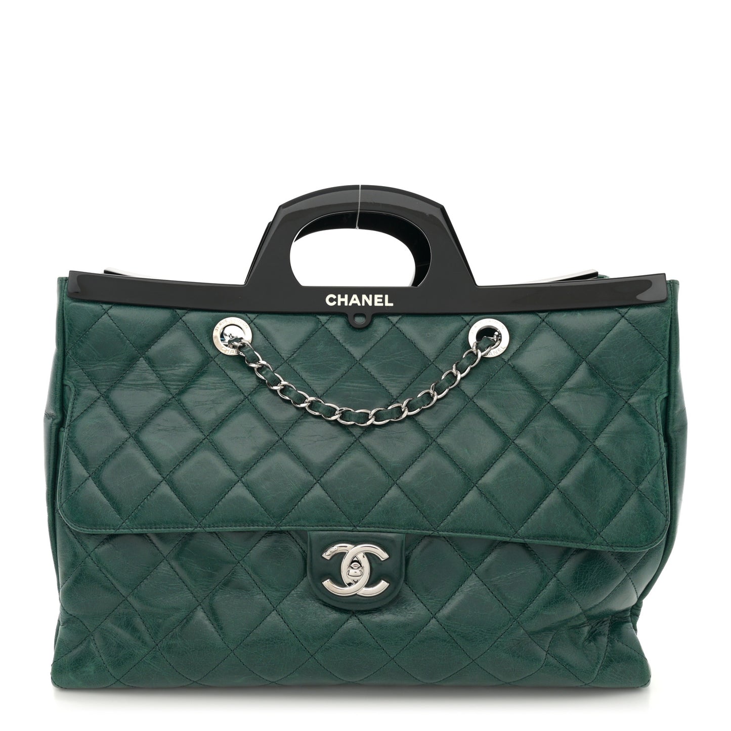 Glazed Calfskin Quilted Large CC Delivery Tote Dark Green