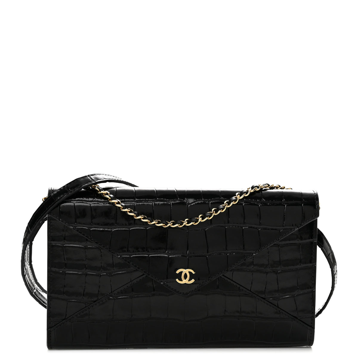 Calfskin Crocodile Embossed Envelope Clutch With Strap Black