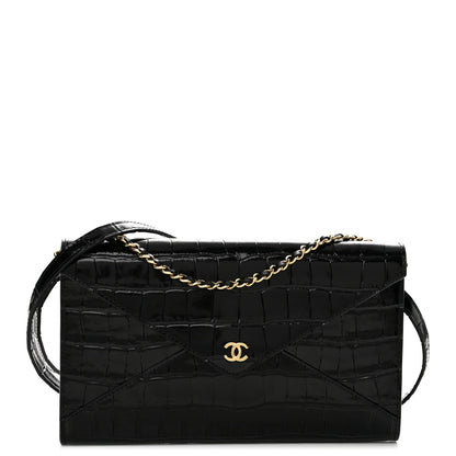 Chanel Calfskin Crocodile Embossed Envelope Clutch With Strap Black 1 of 12