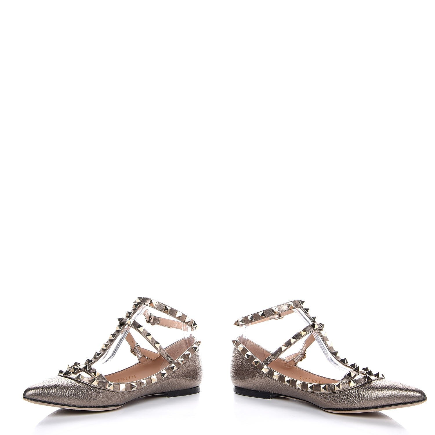 Valentino Garavani Metallic Pebbled Calfskin Rockstud Cage Ballerina Flats 37.5 Sasso 5 of 11