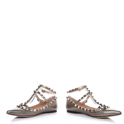 Valentino Garavani Metallic Pebbled Calfskin Rockstud Cage Ballerina Flats 37.5 Sasso 5 of 11