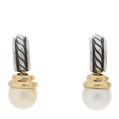 David Yurman Sterling Silver 14K Yellow Gold Pearl Cable Drop Earrings 1 of 5