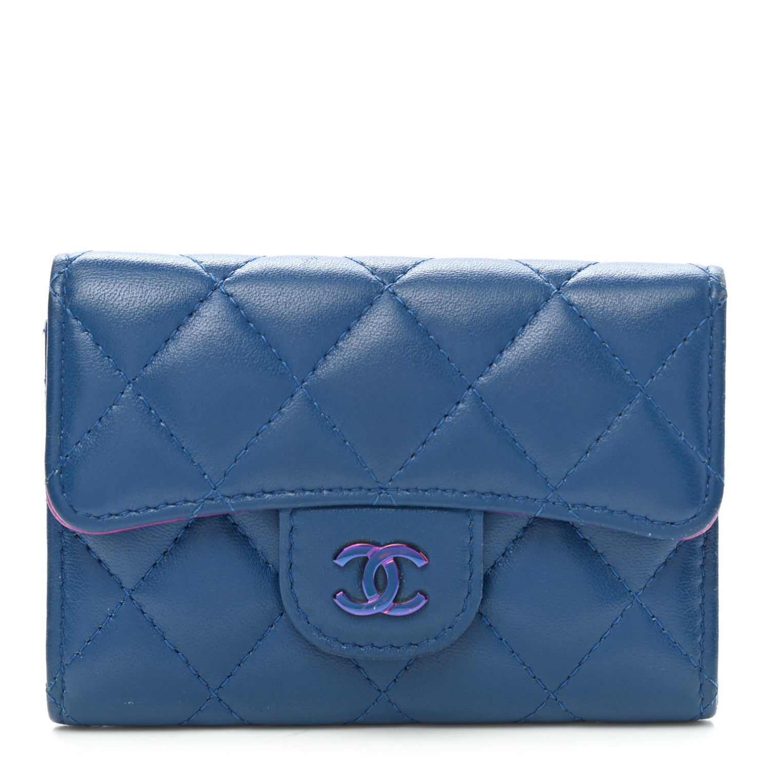 Chanel Lambskin Quilted Flap Card Holder Wallet Blue Pink 1 of 9