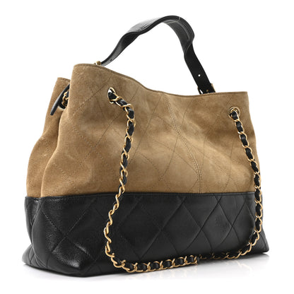 Chanel Suede Calfskin Shiny Lambskin Quilted Small Coco Base Shopping Bag Beige Black 3 of 11