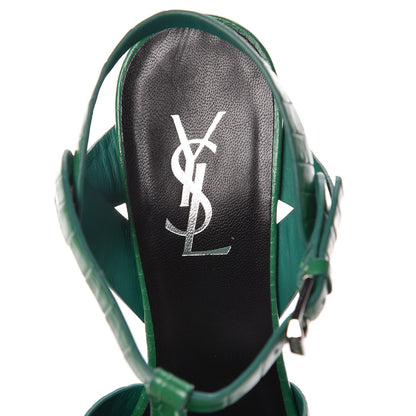 Saint Laurent Calfskin Crocodile Embossed Tribute 75 Platform Sandals 39 Green 7 of 8
