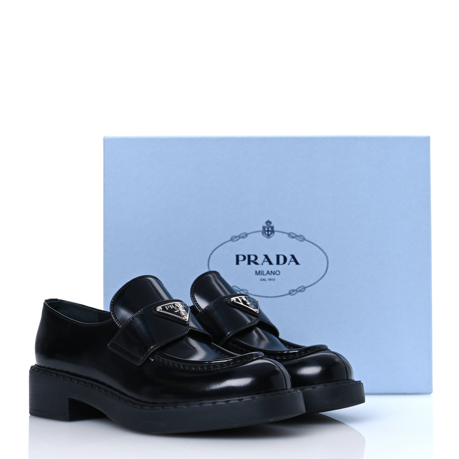 Prada Spazzolato Metal Triangle Logo 50mm Loafers 38.5 Black 13 of 13
