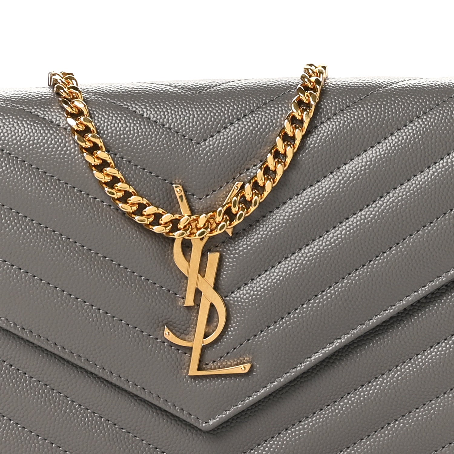 Saint Laurent Grain De Poudre Matelasse Chevron Monogram Chain Wallet Fog 8 of 10