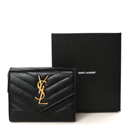 Saint Laurent Grain De Poudre Matelasse Chevron Monogram Compact Tri Fold Wallet Black 9 of 9