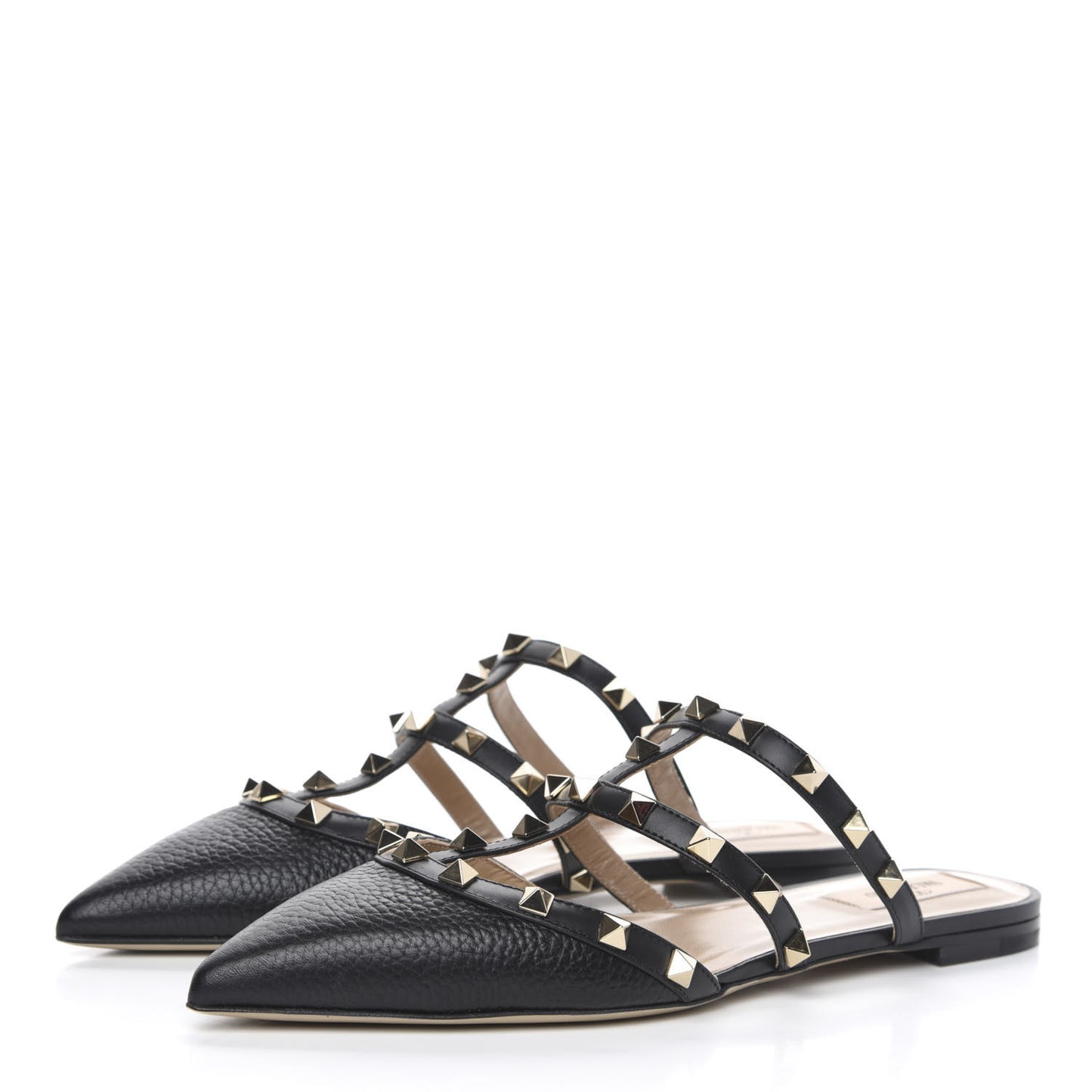 Pebbled Calfskin Rockstud Flat Cage Mules 38 Black