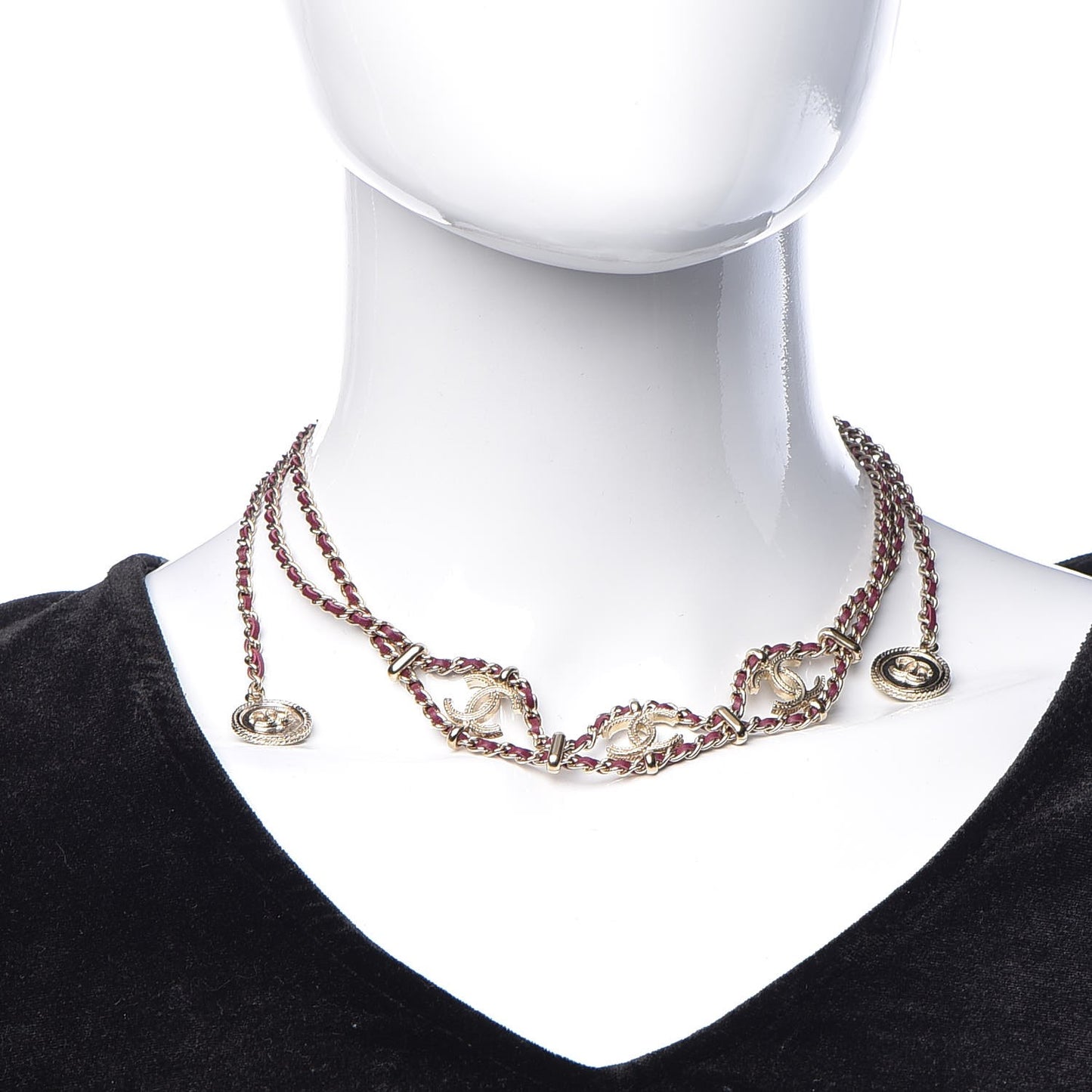 Metal Lambskin CC Chain Link Necklace Gold Dark Pink