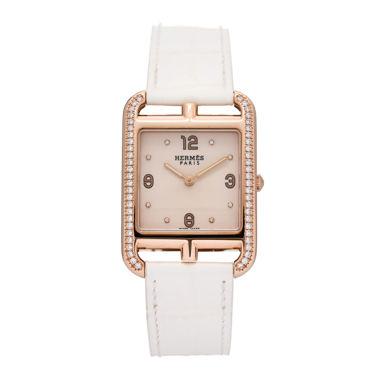 Hermes 18K Rose Gold Alligator Diamond Bezel Mother of Pearl 29mm Cape Cod Quartz Watch Blanc 1 of 5