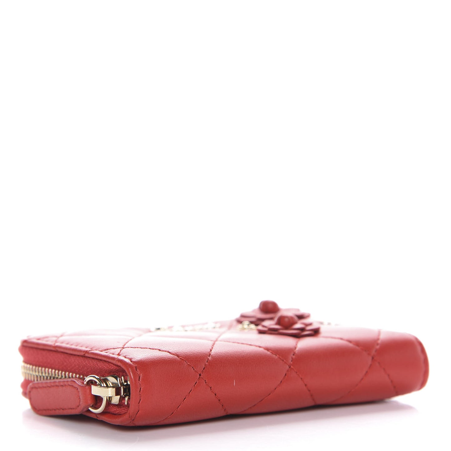 Lambskin Quilted Camellia Zip Coin Purse Red