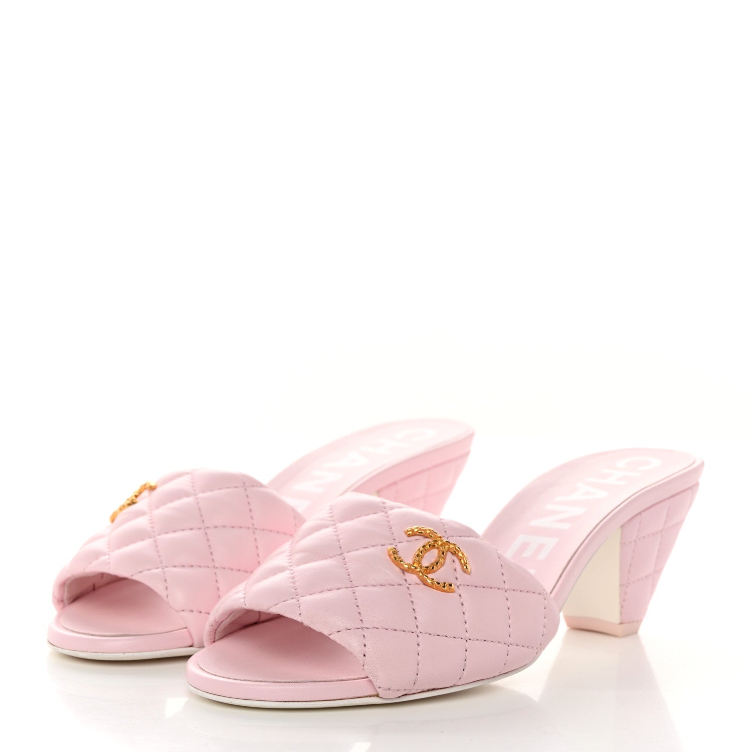 Chanel Lambskin Quilted Textured CC Mules 37 Light Pink 3 of 9