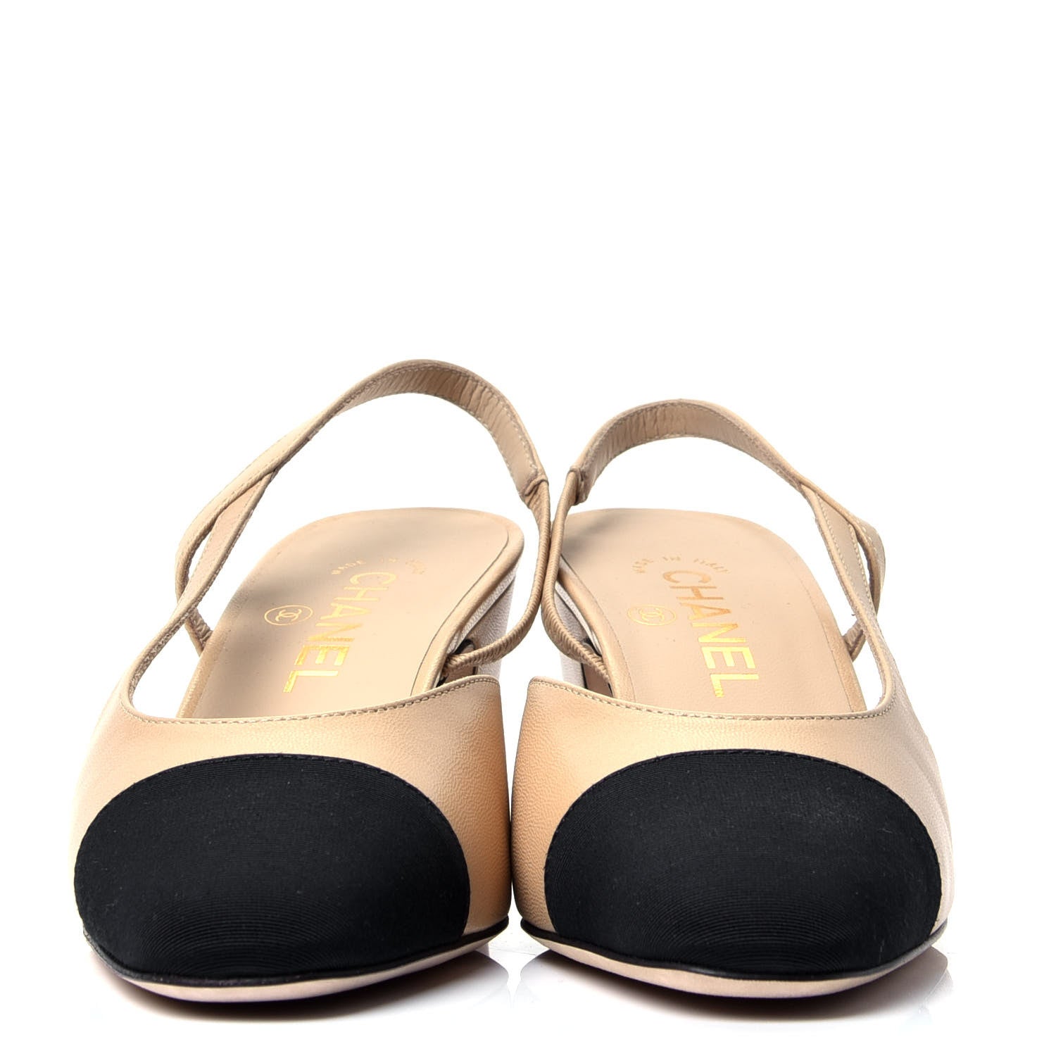 Chanel Goatskin Grosgrain Cap Toe CC Slingback Pumps 38 Beige Black 2 of 10
