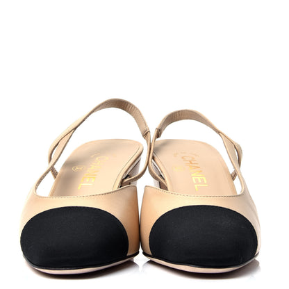Chanel Goatskin Grosgrain Cap Toe CC Slingback Pumps 38 Beige Black 2 of 10