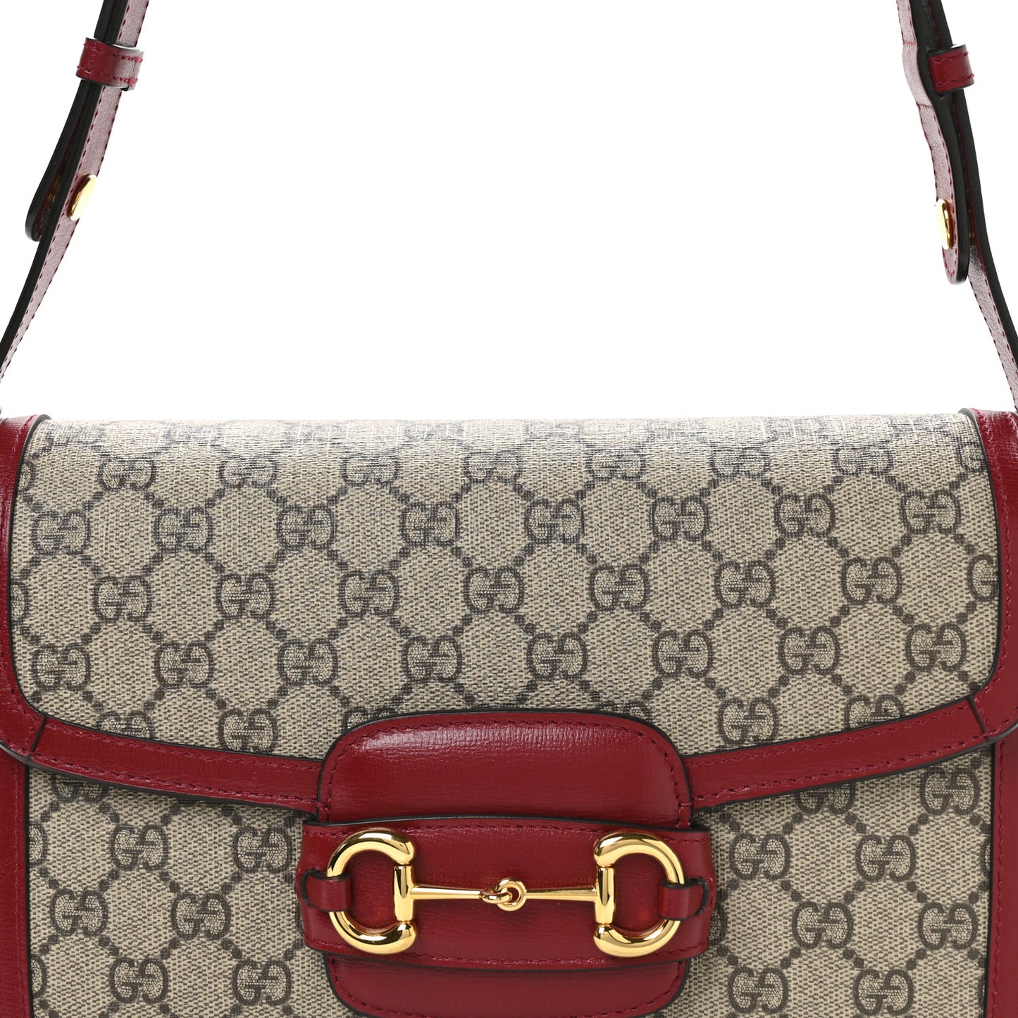 GG Supreme Monogram Azalea Calfskin Horsebit 1955 Shoulder Bag Beige Ebony New Cherry Red