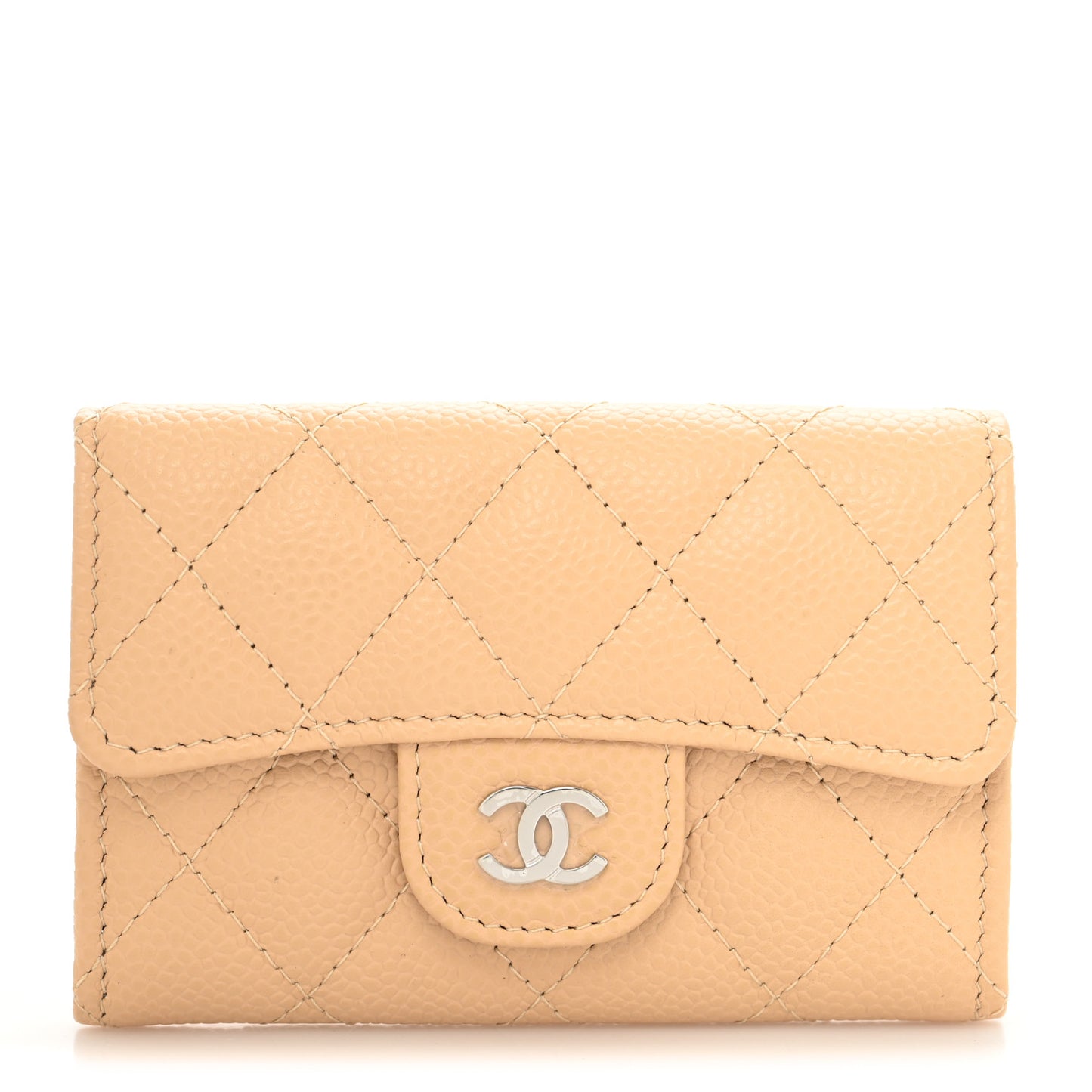 Caviar Quilted Flap Card Holder Wallet Beige
