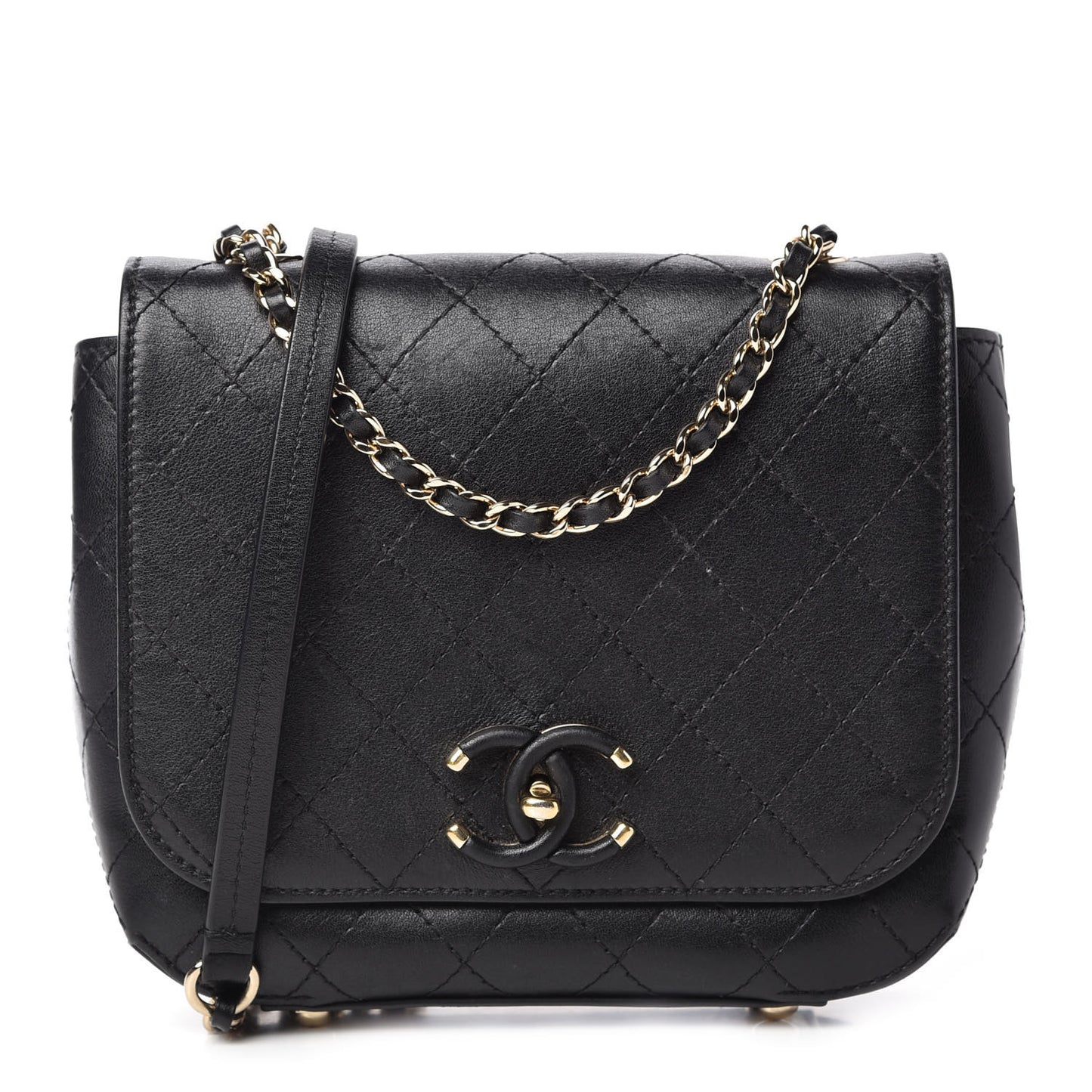 Calfskin Stitched Flap Bag Black