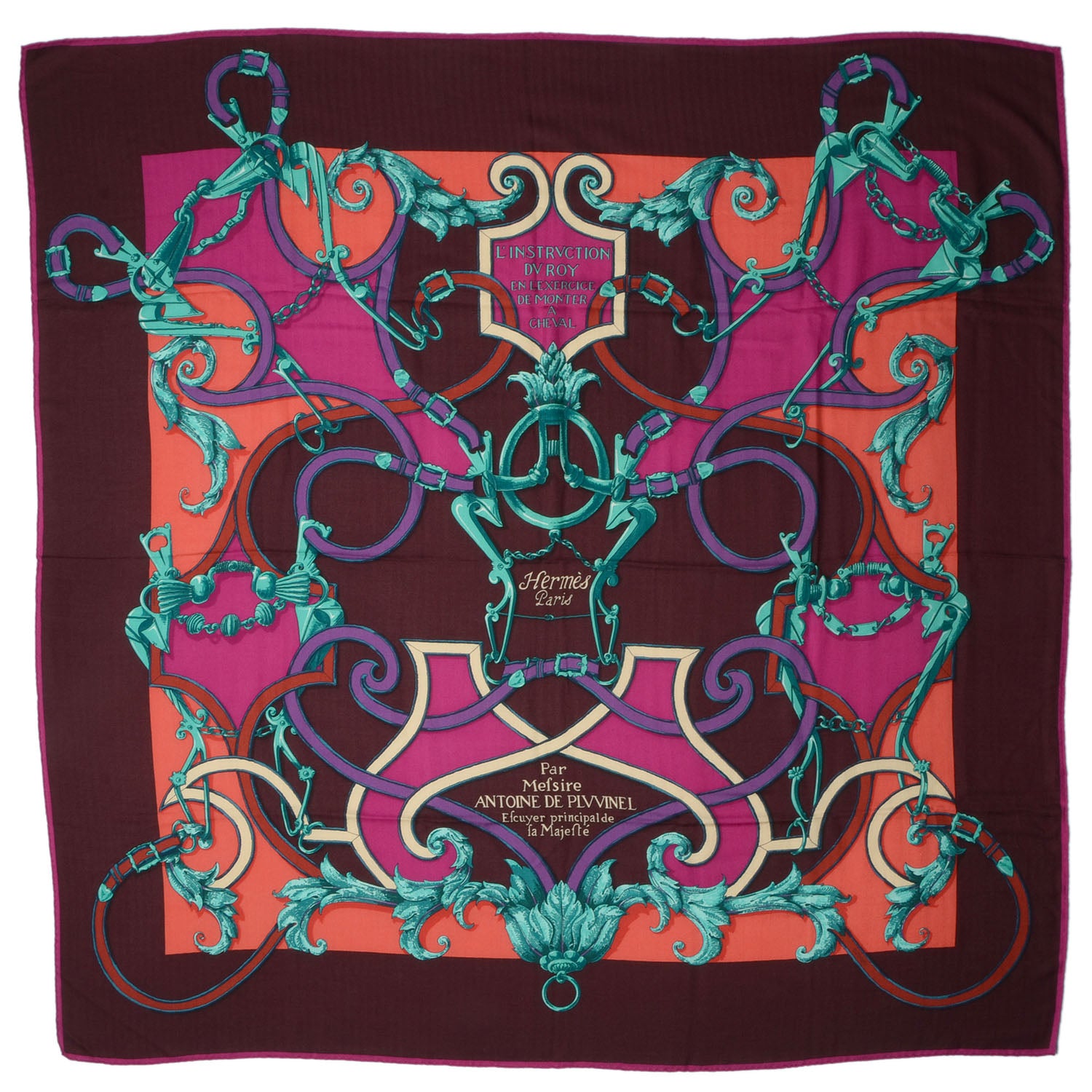 Hermes Cashmere Silk L'Instruction du Roy Shawl GM 140 Aubergine Fuchsia Vert 2 of 6