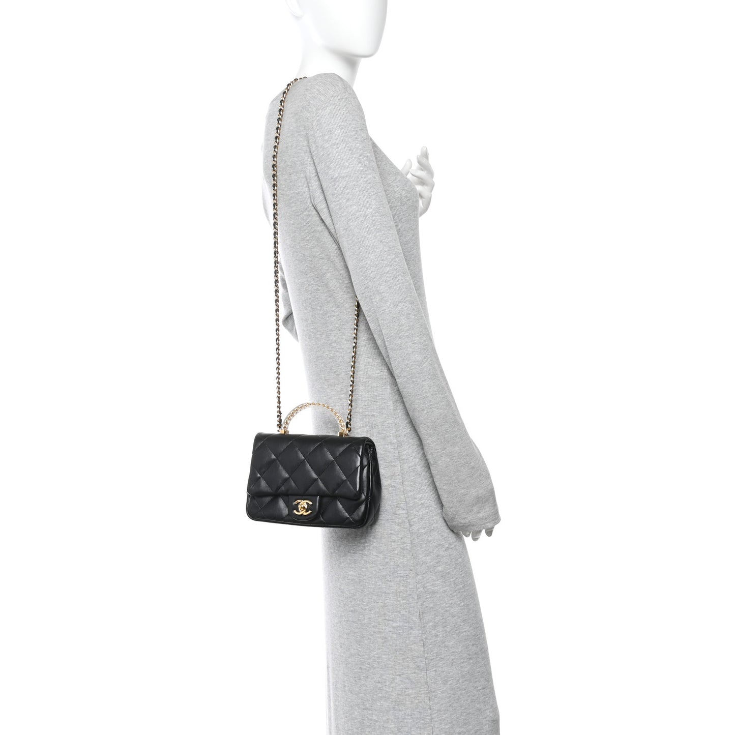Lambskin Resin Quilted Top Handle Flap Black