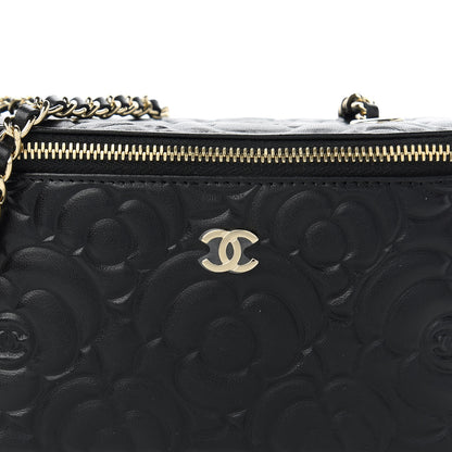 Chanel Lambskin Camellia Embossed Small Vanity Case With Chain Black 10 of 11