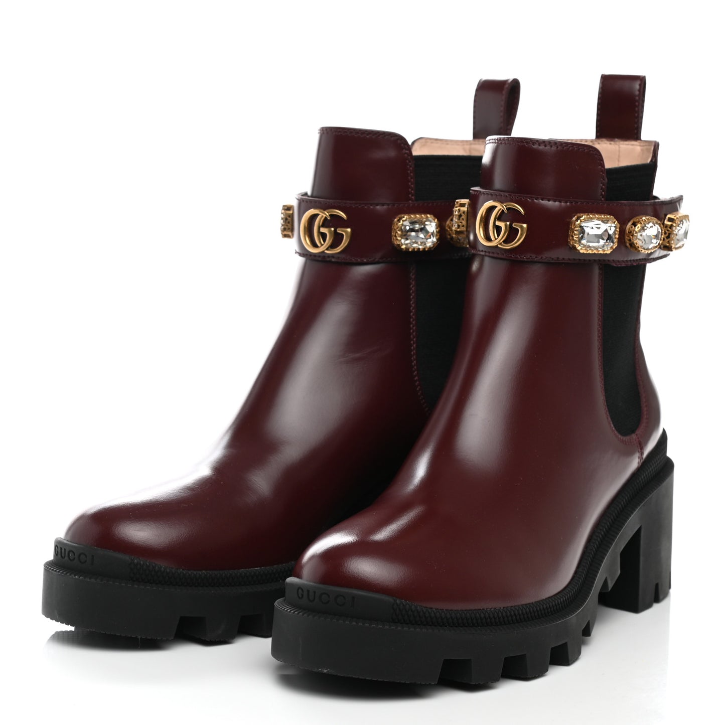 Calfskin Crystal GG Trip Chelsea Ankle Boots 37 Maroon