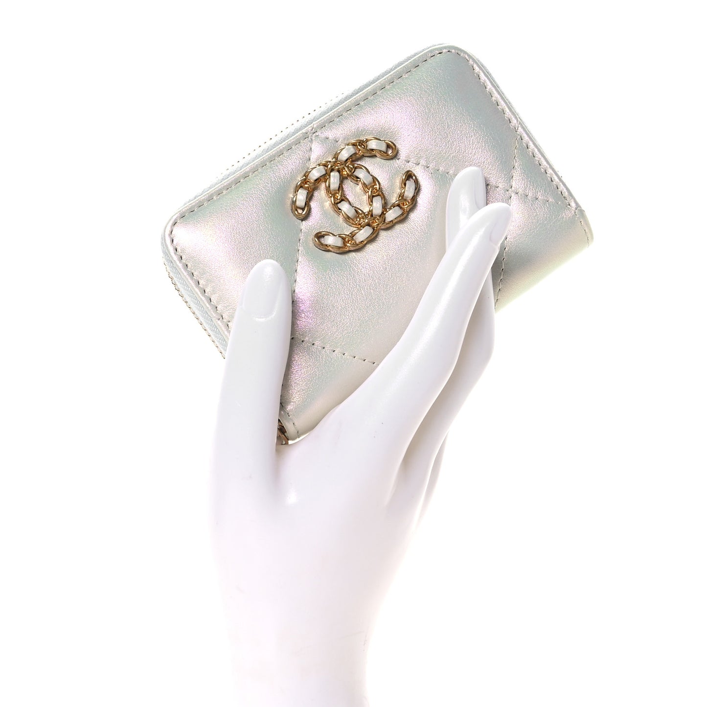 Metallic Goatskin Quilted Chanel 19 Zip Around Coin Purse Wallet Silver