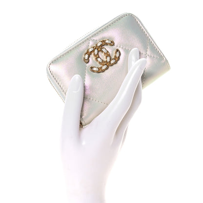 Chanel Metallic Goatskin Quilted Chanel 19 Zip Around Coin Purse Wallet Silver 2 of 8