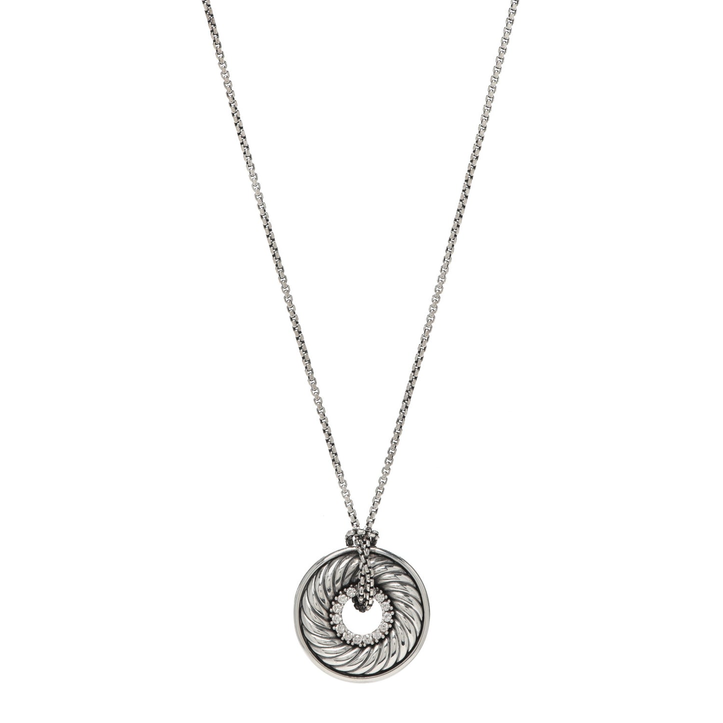 Sterling Silver Diamond Sculpted Cable Disc Necklace