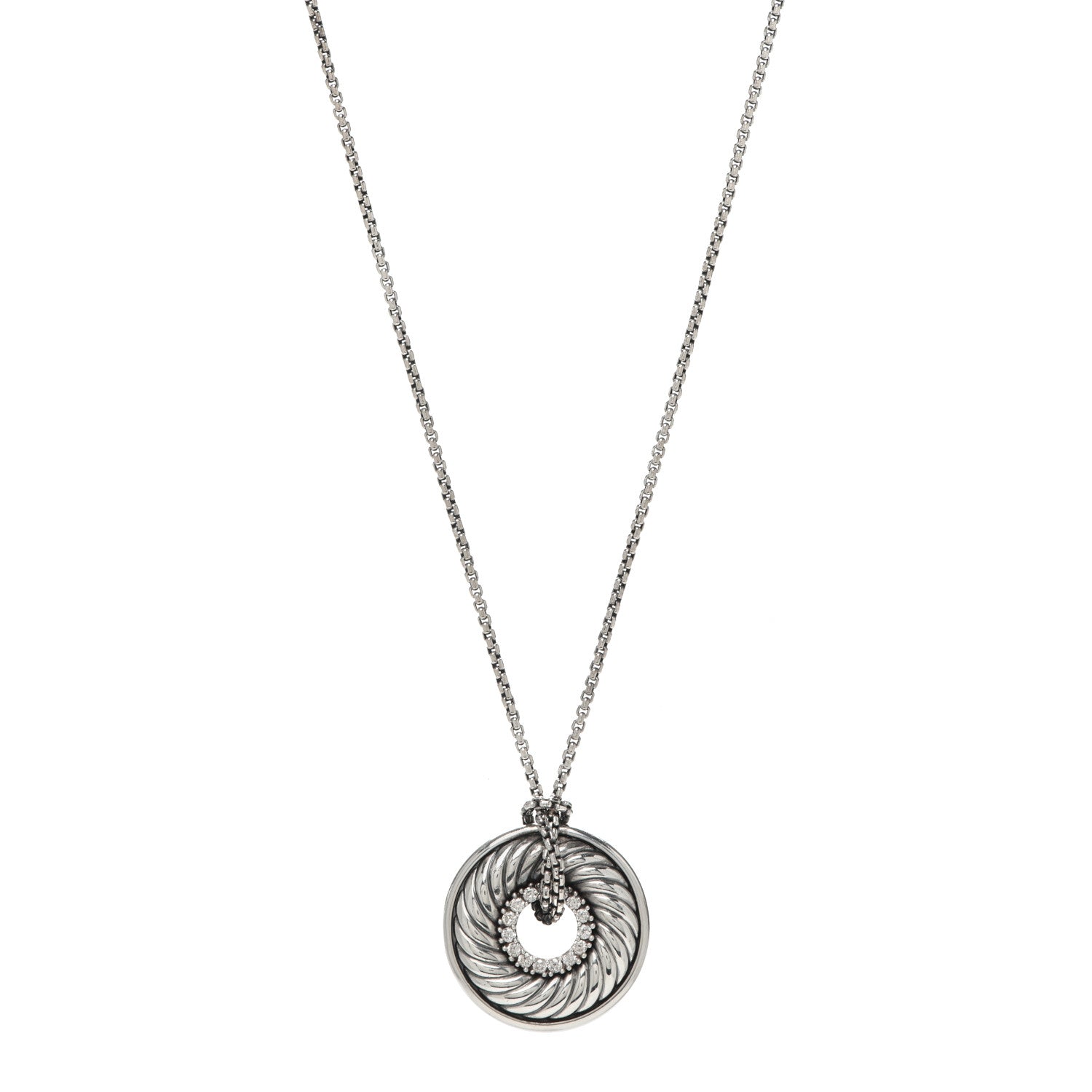 David Yurman Sterling Silver Diamond Sculpted Cable Disc Necklace 1 of 5