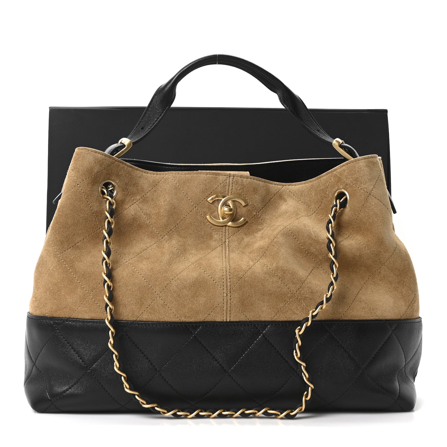 Chanel Suede Calfskin Shiny Lambskin Quilted Small Coco Base Shopping Bag Beige Black 11 of 11