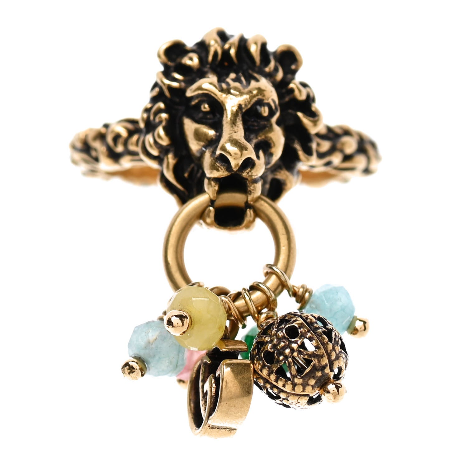 Gucci Metal Glass Bead Lion Head GG Ring S Aged Gold Multicolor 1 of 6