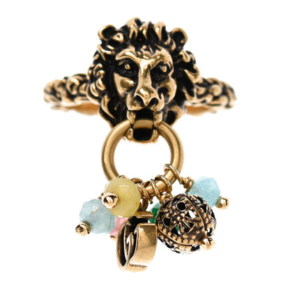 Gucci Metal Glass Bead Lion Head GG Ring S Aged Gold Multicolor 1 of 6
