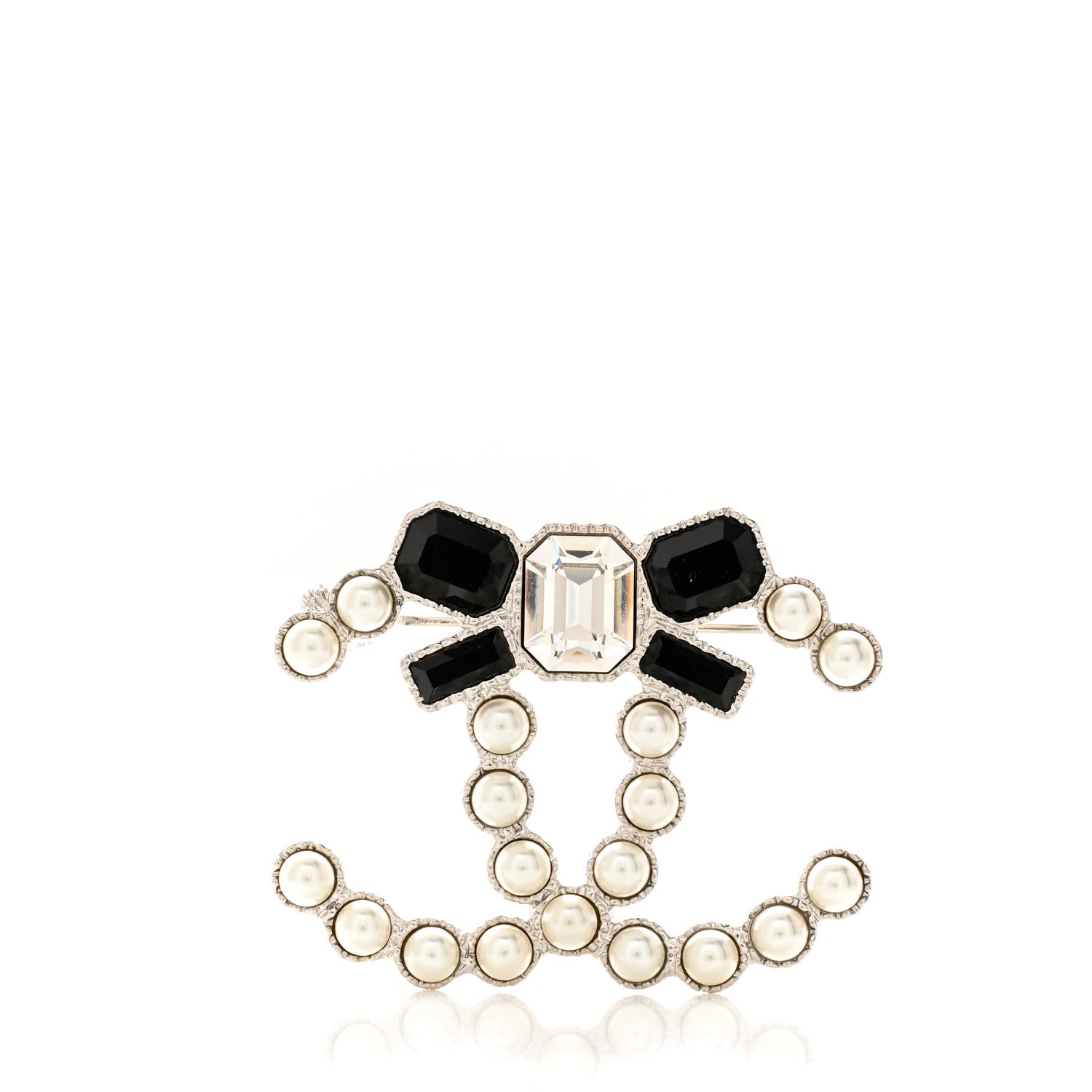 Chanel Pearl Crystal Bow CC Brooch Gold White Black 1 of 4