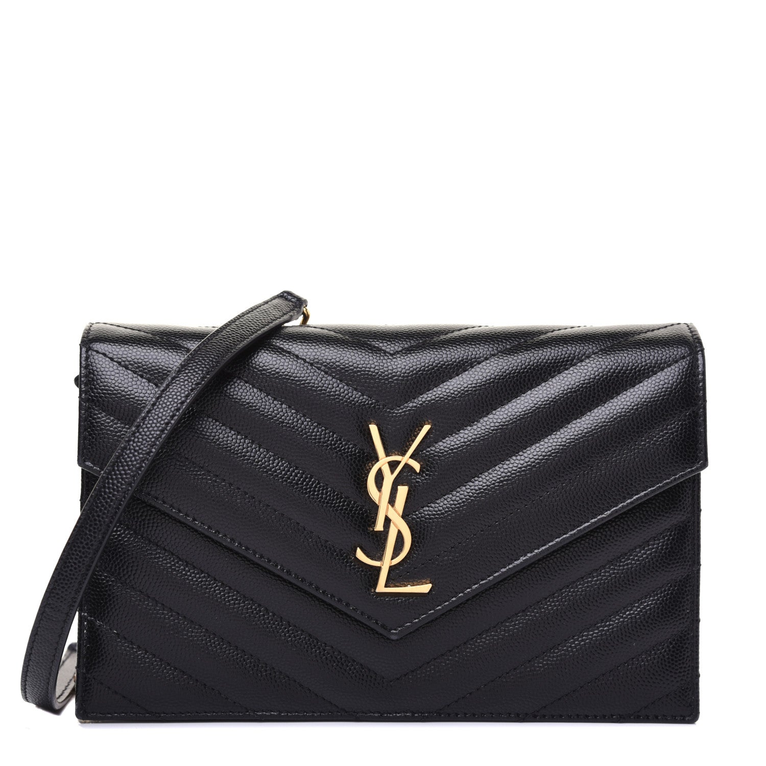Saint Laurent Grain De Poudre Matelasse Chevron Monogram Envelope Chain Wallet Black 1 of 14