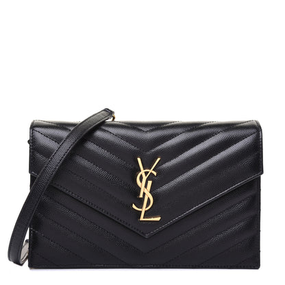 Saint Laurent Grain De Poudre Matelasse Chevron Monogram Envelope Chain Wallet Black 1 of 14