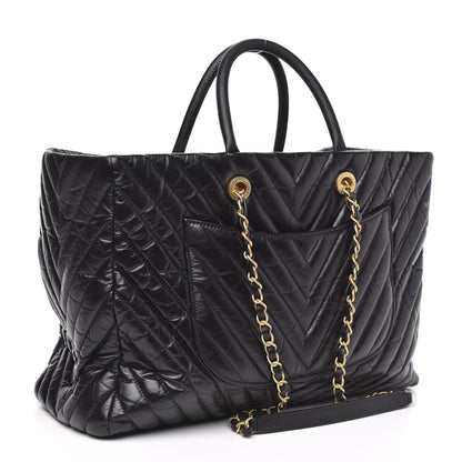 Chanel Aged Calfskin Chevron Large Coco Handle Shopping Tote Black 3 of 13