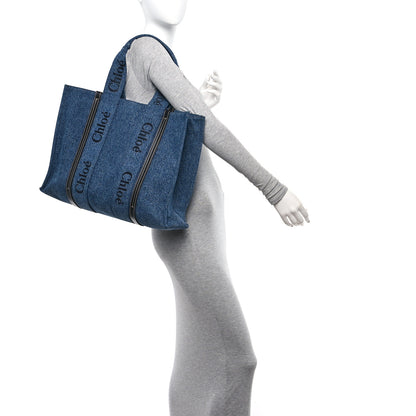 Chloe Denim Calfskin Large Woody Ribbon Tote Blue 2 of 10