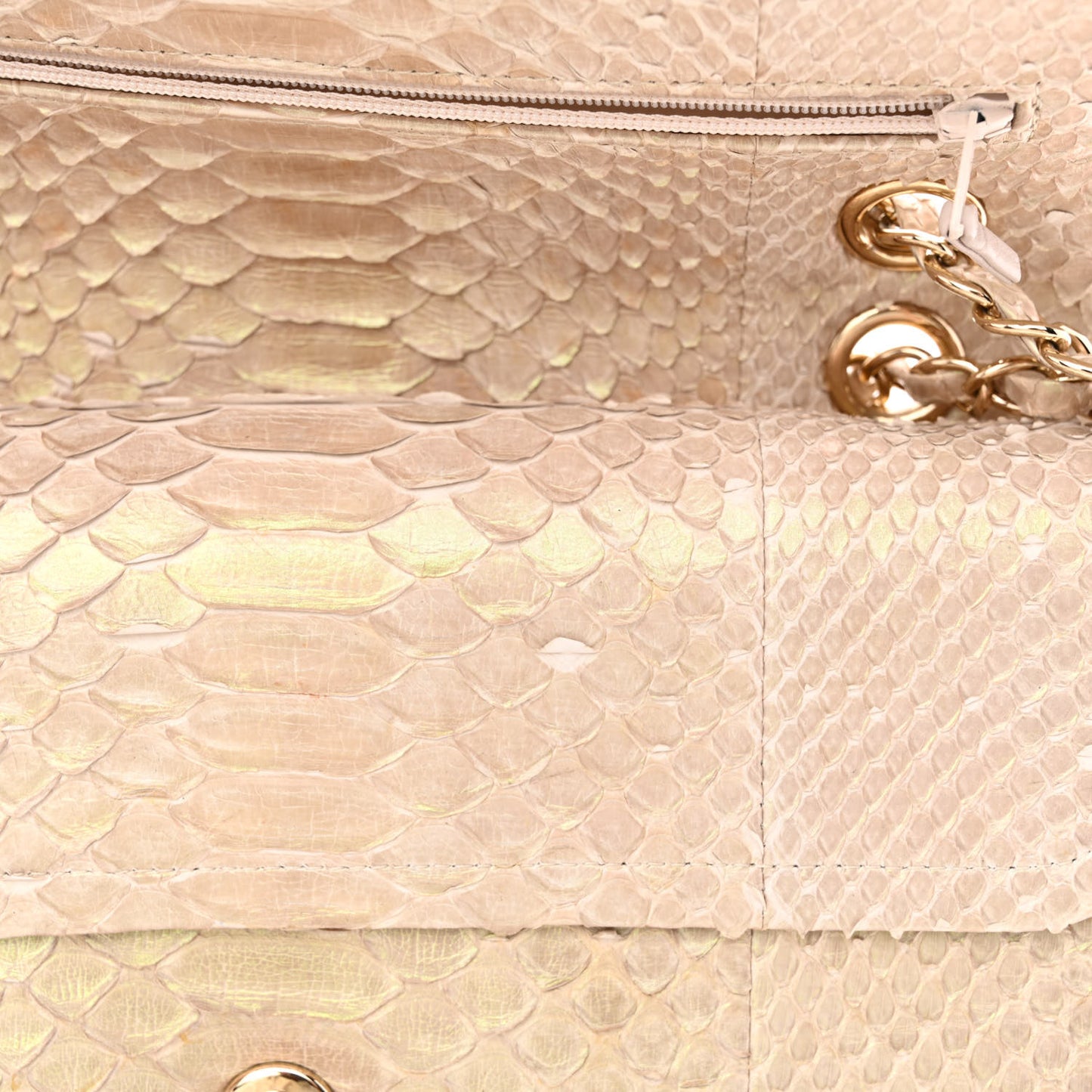 Metallic Snakeskin Medium Double Flap Light Beige