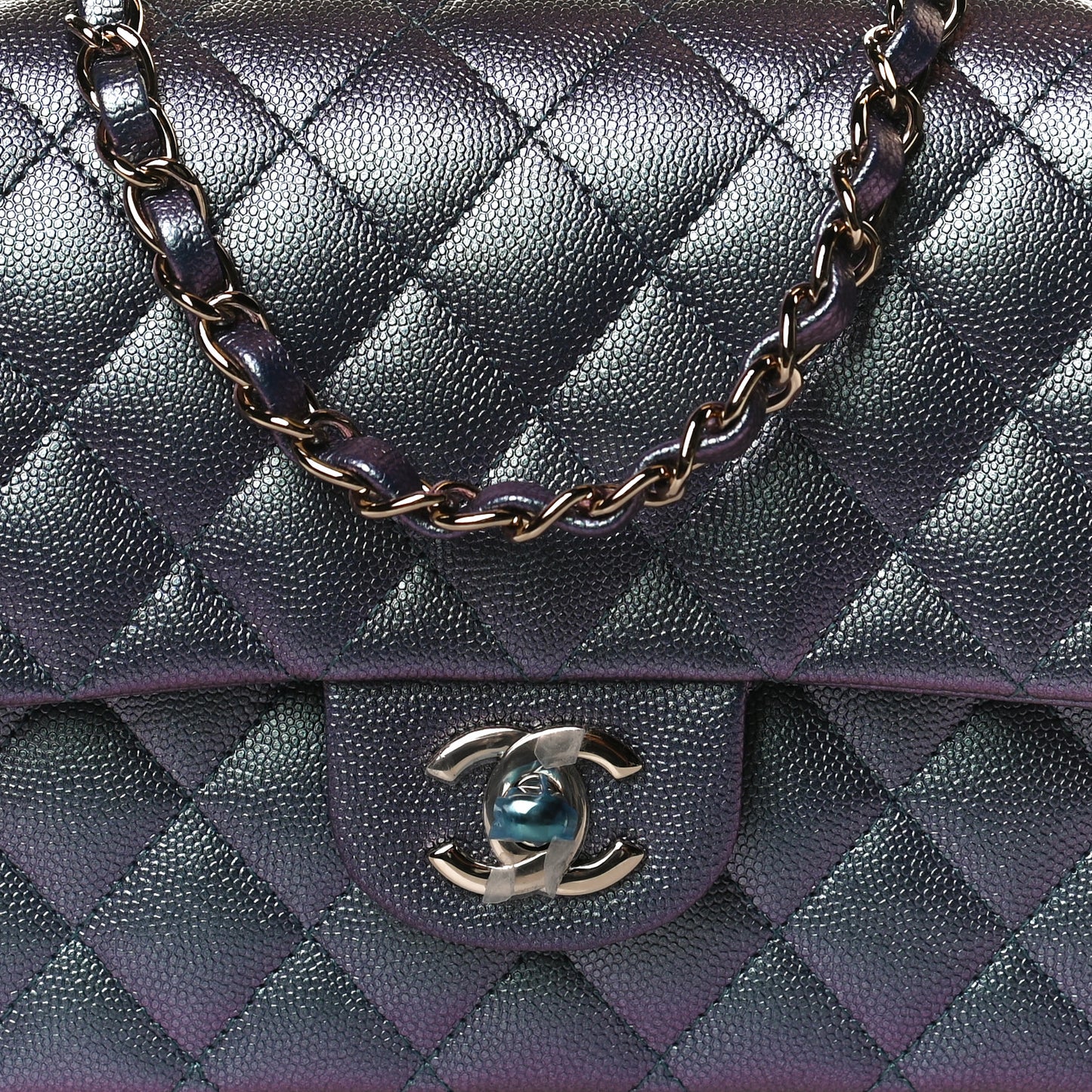 Iridescent Caviar Quilted Medium Double Flap Dark Blue